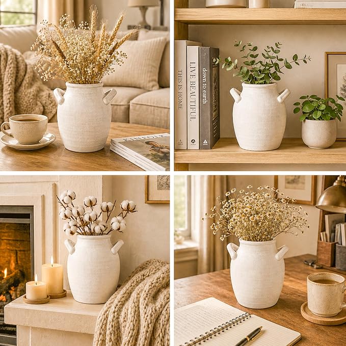 DREAMLOOM 7.2 Inch Ceramic Flower Vase, White | Double Handles, Farmhouse Vintage, Pottery Terracotta, Home Decor, Living Room Dining Table Wedding Centerpieces
