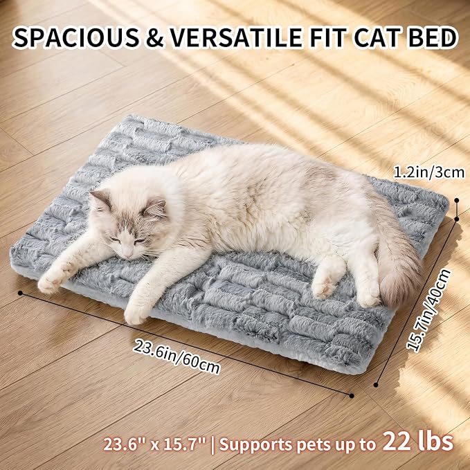 Self Warming Cat Bed for Indoor Cats, Soft Faux Rabbit Fur Mat | 23.6"x15.7", Faux Rabbit Fur with Ridged Chenille, Silent Crinkle-Free, Double-Sided Cozy, Non-Slip Bottom, Machine Washable