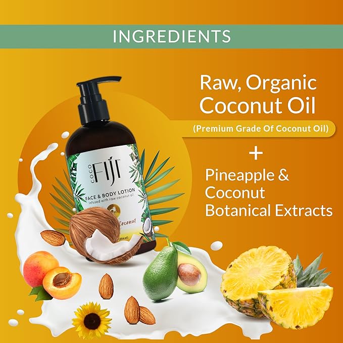 Coco Fiji Face & Body Lotion Infused With Coconut Oil | Lotion for Dry Skin | Moisturizer Face Cream & Massage Lotion for Women & Men | Pineapple Coconut 12 oz, Pack of 3