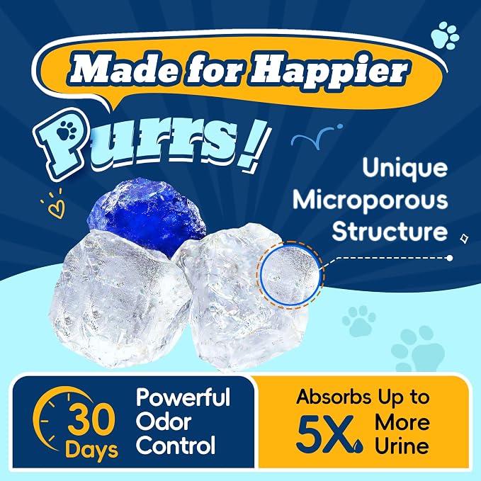 LMJP Crystal Cat Litter for Long-Lasting Odor Control, Non-Clumping, 24lb | 6 Months Supply, Unscented, Rapid Water Absorption, Low Tracking, Low Dust, Lightweight, Blue & White Silica, 3 Pack of 8lb
