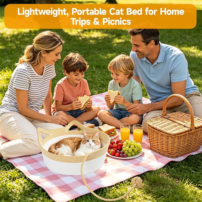 Cotton Rope Woven Cat Bed, Instinct Pet Basket with a Play Ball, Large | Foldable Cat Scratcher Basket for Indoor Cats, Puppies, Rabbits and Small Pets, Yellow & White