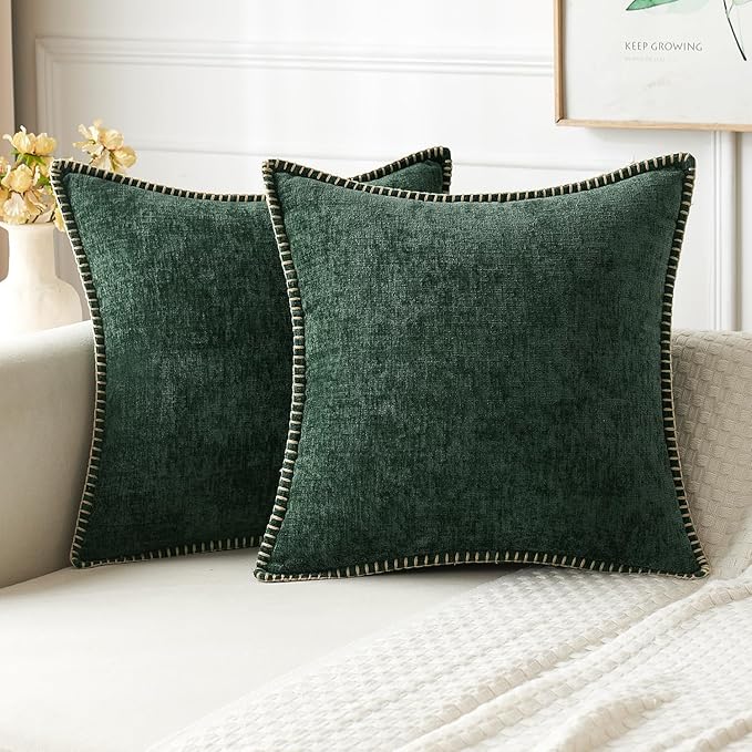 MIULEE Decorative Couch Throw Pillow Covers 20x20 Inch Dark Green 2 Pack | Farmhouse Pillow Covers with Stitched Edge, Soft Chenille Cushion Cases, for Sofa Bed Living Room Home Decor