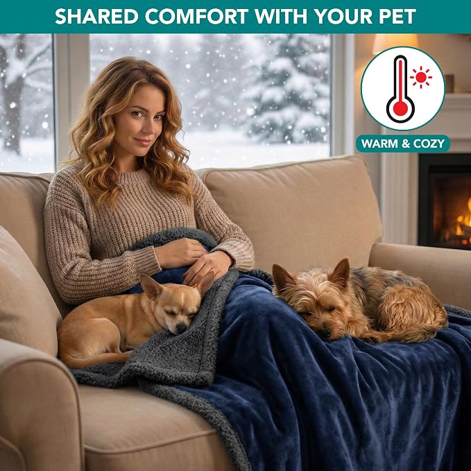 PetAmi Waterproof Dog Blanket for Medium Large Dog Pet, 60x40, Blue Grey | 460 GSM Sherpa Fleece Reversible, Pee Proof Cat Blanket, Furniture Protector Cover for Couch Bed Sofa Kennel, Washable, Large