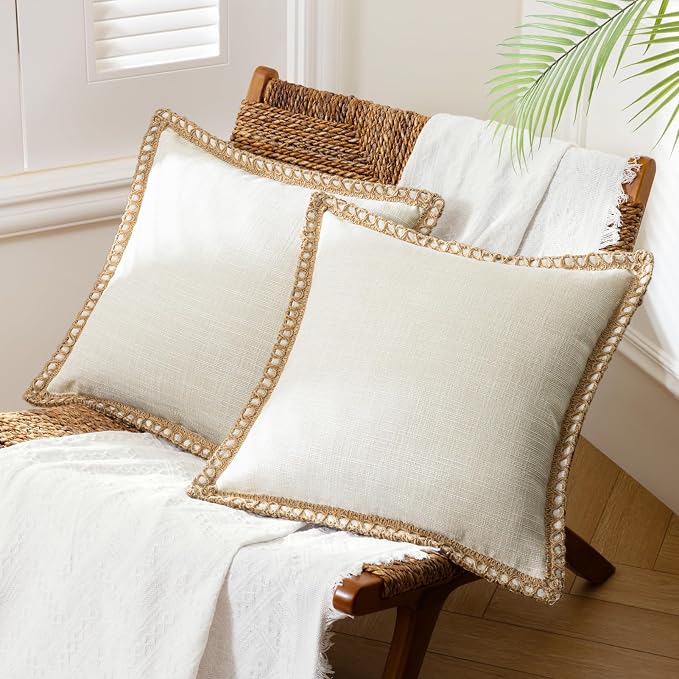 Phantoscope Pack of 2 Farmhouse Decorative Solid Throw Decorative Pillow Cover Burlap Linen Trimmed Tailored Edges Off White 20 x 20 inches, 50 x 50 cm