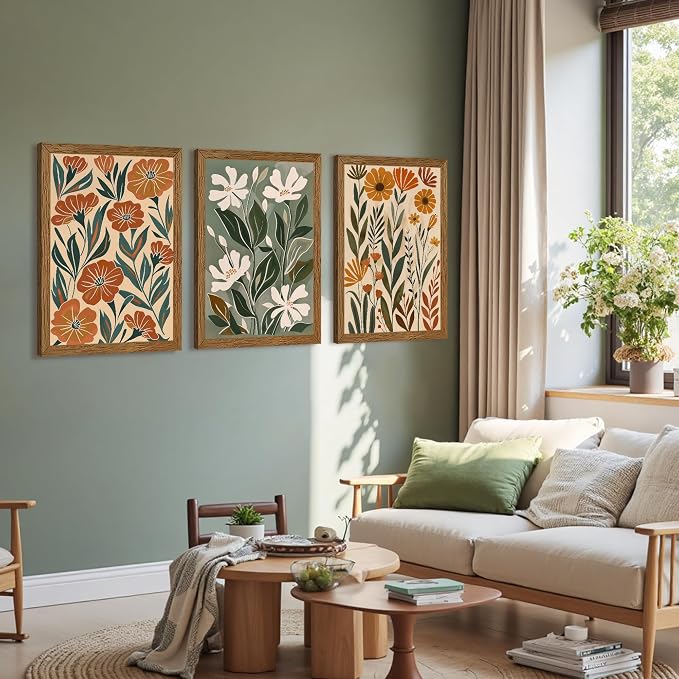 Urmoya 3 Pieces Boho Floral Decor Flower Market Wall Art, 16x24 Inch | Wood framed, Chic green and beige botanical trio, Ready to hang, for living room, Office, or guest bedroom home decor