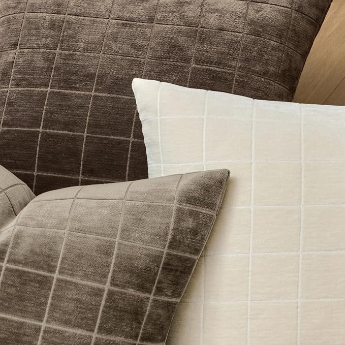 MIULEE Taupe Grey Plaid Fall Euro Throw Pillow Covers 24x24 Set of 2 | Vintage, Check Chenille Couch Pillows, Boho Farmhouse Cushion Covers, Modern Home Decor for Sofa Bed Living Room