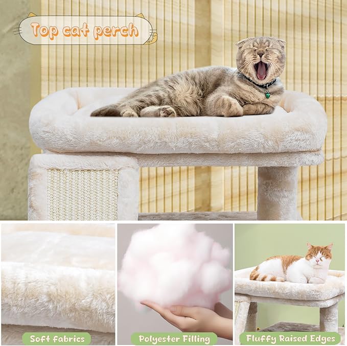 Small Cat Tree for Indoor Cats, Cat Tower with Scratching Post, Perch and Cozy Condo for Kittens and Adult Pets (Beige)