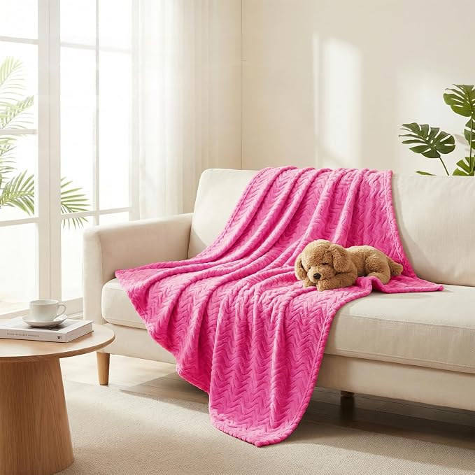 Exclusivo Mezcla Large Fleece Throw Blanket for Couch, Sofa, Hot Pink | 50"x70" Soft Breathable Lightweight Flannel Throws for Summer, Plush Cozy Jacquard Wave Blanket for Home Decor