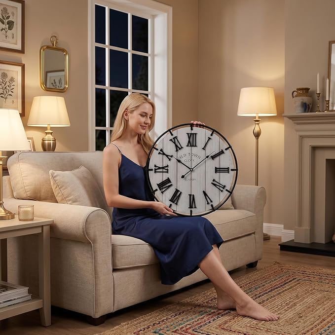 EMAX HOME Large 20 Inch Farmhouse Wall Clock, Distressed White Wood Grain Dial with Heavy Duty Black Metal Frame, Silent Non-Ticking Sweep Movement for Living Room, Bedroom, Kitchen or Entryway