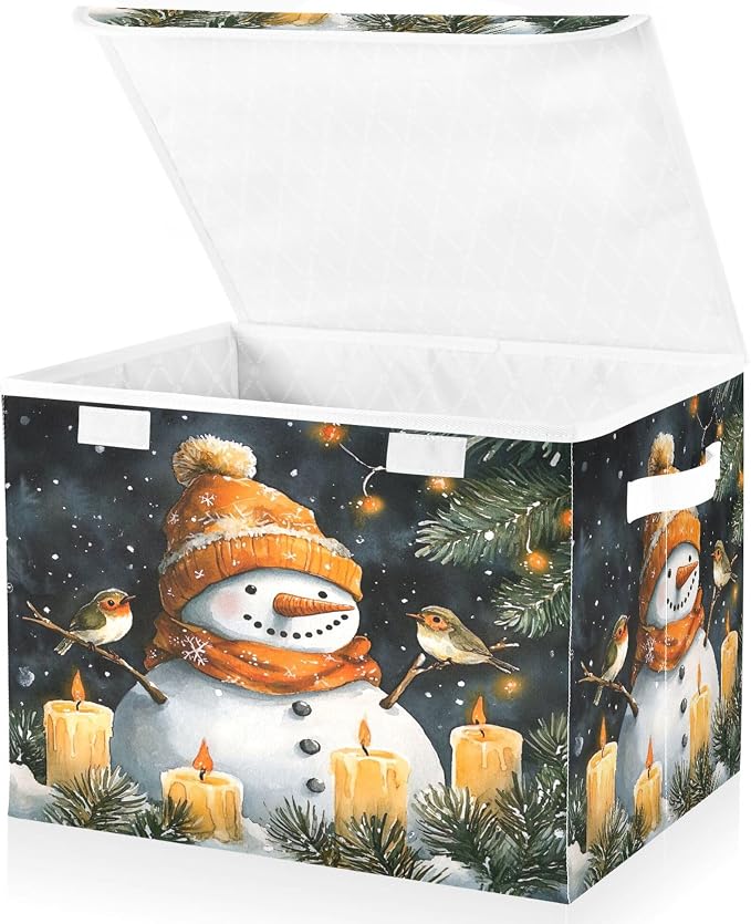 Watercolor Snowman Storage Bins with Lids and Carrying Handle,Foldable Storage Boxes Organizer Containers Baskets Cube with Cover for Home Bedroom Closet Office Nursery