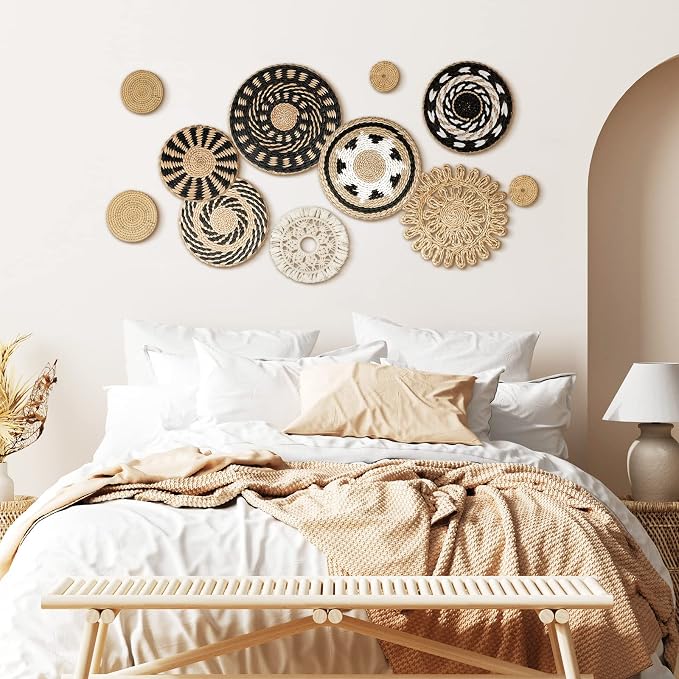 Tatuo 11 Pcs Boho Wall Basket Decor Bulrush Woven Wall Hanging Art Round Farmhouse Rustic Handmade Wicker for Summer Home, Bedroom, Living Room, Kitchen Decorations, Multi Sizes(Boho)