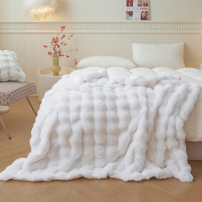 LIFEREVO Luxury Fluffy Faux Rabbit Fur Throw Blanket 60x80, White | Plush Fuzzy Bubble Lap Throw for Couch Sofa Office, Soft Cozy Furry Bed Blanket Home Decoration, Washable & Skin-friendly