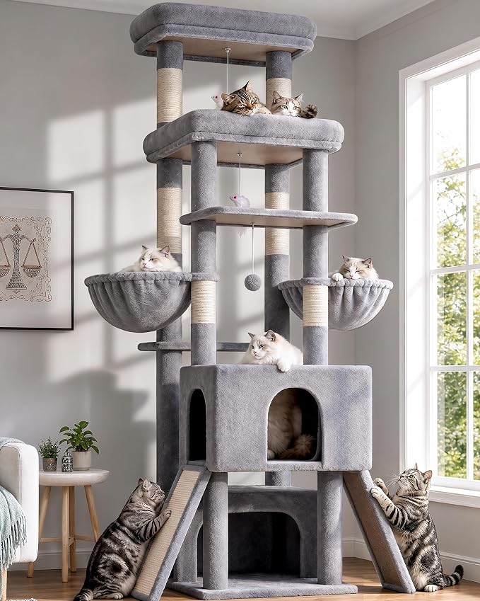 Globlazer Heavy Duty Cat Tree 78 inch Sturdy Cat Tower for 20lbs Large Adult Cats, Symmetrical Aesthetic Big Cat Tree with Extra Large Platform, 2 Scratching Boards, Z78, Light Grey
