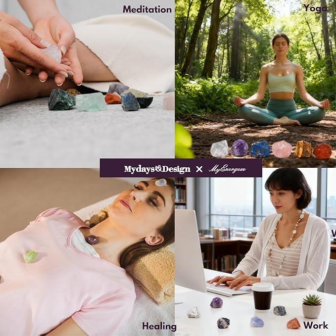 MYDAYS&DESIGN 18Pcs Crystals and Healing Stones Set in Rattan Box, 17 Raw Chakra Stones, 1 Amethyst Tree, Guide for Beginners, Meditation Yoga Home Decor, Gifts for Women Valentine's Day
