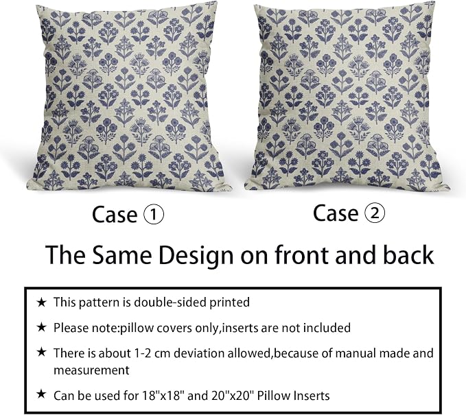 Navy Blue Floral Pillow Covers 18x18 Inch Set of 2, Vintage Flower Block Print Pattern Decorative Throw Pillowcases Outdoor Farmhouse Cushion Covers Spring Summer Rustic Sofa Couch Bed Decor