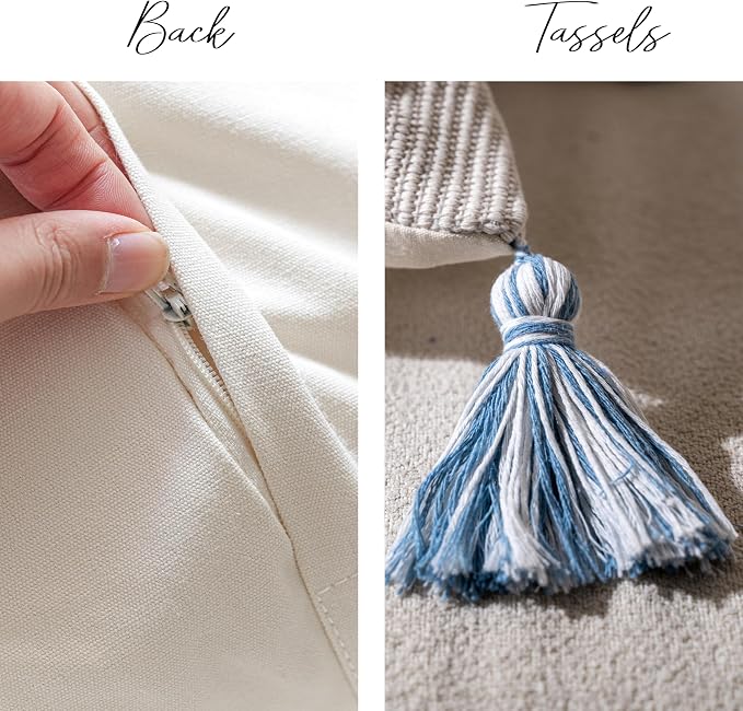 Decorative Throw Pillow Covers 20x20 Combo Set of 2 Square Coastal Blue Boho Accent Pillowcase Tassels Farmhouse Cushion for Couch Sofa Bedroom Living Room Home Décor Cover ONLY