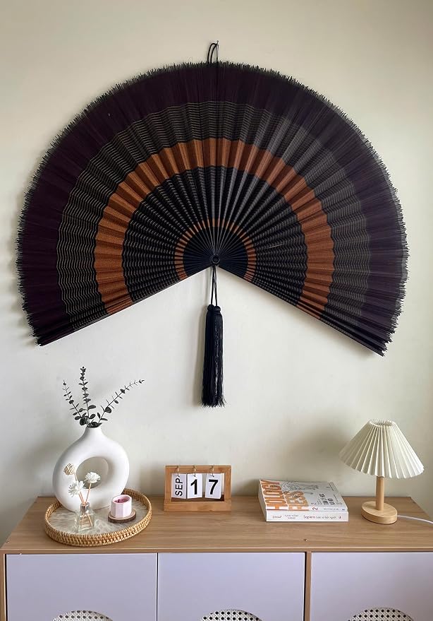 ChumDecor Bamboo Fan Wall Decor, Japanese Wall Fan Decoration, Ebony 48 in | Large Oversized Oriental and Asian Style Hanging Decoration for Above the Bed Headboard or an Empty Living Room Space