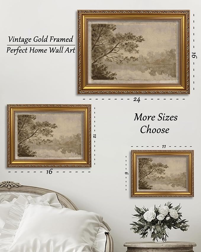 Vintage Gold Framed Wall Art Sepia Toned Tree 12x16in | Landscape Wall Decor, Sketch, Antique, Nature Inspired, Canvas Prints for Rustic Living Bedroom