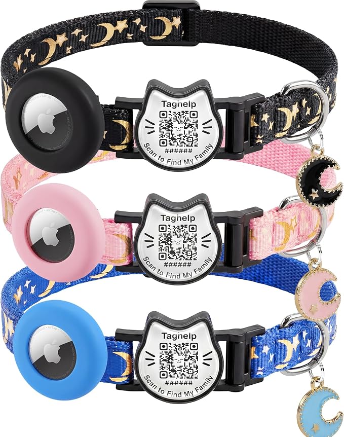3 Pack Smart QR Code Cat Collars with Built-in AirTag Holder, Breakaway Adjustable Kitten Collars with Moon Pendant, Safety Pet ID Collars for Cats, 7.0–12.5”, Black Blue Pink