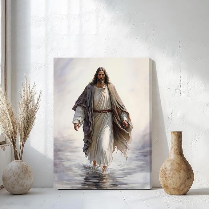 Framed Jesus Christ Wall Art Jesus Walking On Water Canvas Wall Art Christian Painting Prints Biblical Wall Decor Religious Room Decor for Church Prayer Room Christian Schools Hospitals 12" x 16"