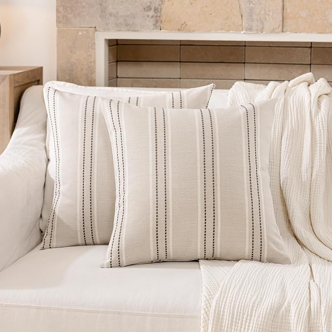 Hckot Striped Throw Pillow Covers 24x24 Set of 2 Charcoal Pillow Covers | Large Farmhouse Decorative Pillows Textured Linen Square Cushion Covers for Sofa Couch Bed Living Room Decor
