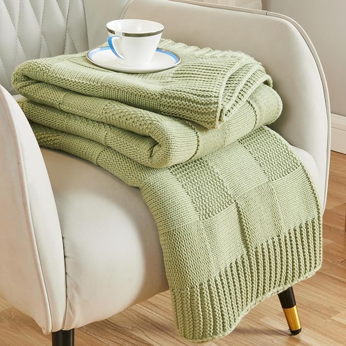 CozeCube Sage Green Knitted Checkered Throw Blanket 50"X60" | Check Knit Throw for Couch, Decorative Christmas Soft Cozy Warm Blanket for Bed Sofa Living Room