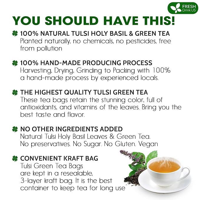 FreshDrinkUS, Premium 75 Tulsi Green Tea Bags, 100% Natural & Pure, Herbal Tea, No Sugar, No Caffeine, No Gluten, Vegan.
