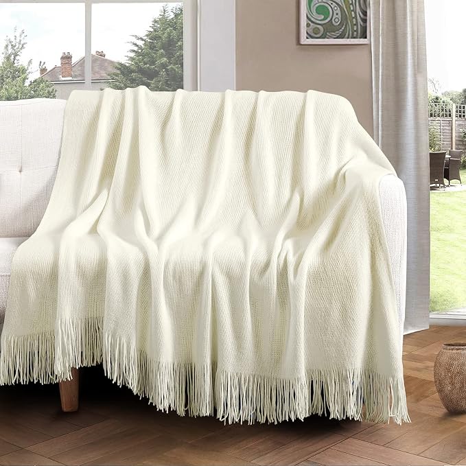 Vonty Ivory White Knitted Throw Blanket with Tassels Fringe, 50x60 Acrylic | Super Soft And Lightweight, Year-Round Cozy Warmth, Farmhouse Decorative Style, Machine Washable, for Couch, Sofa or Bed