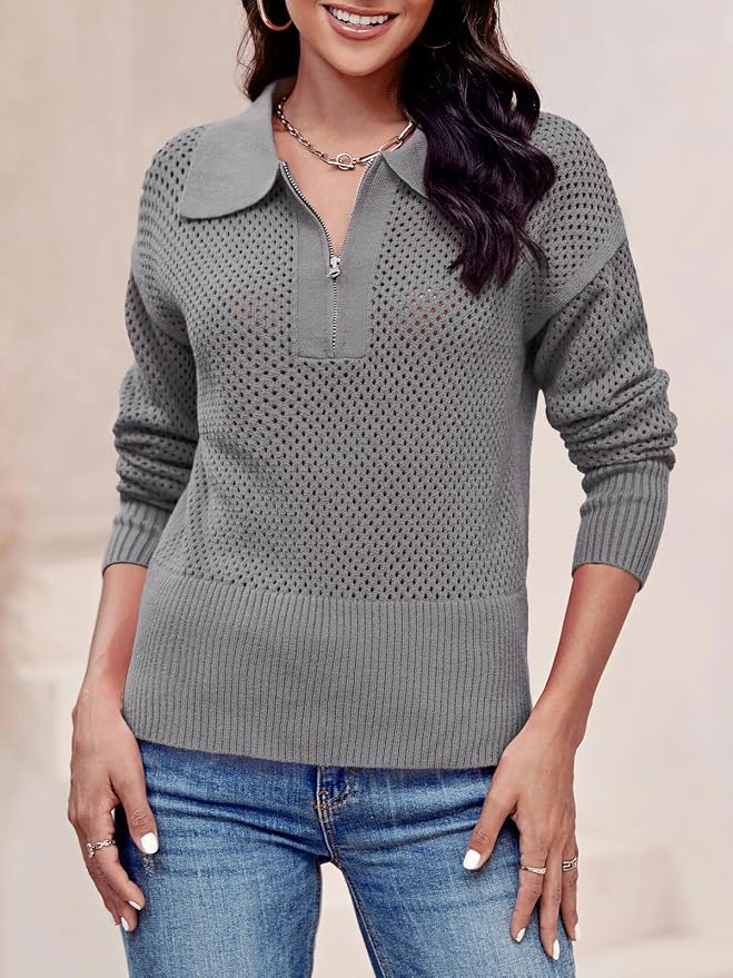 Doshoop Womens Summer Crochet Sweaters Long Sleeve Hollow Out Knit Half Zip Lapel Collar Pullover Tops