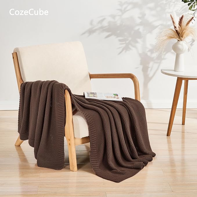 CozeCube Dark Brown Seed Stitch Throw Blanket 60"x80", Farmhouse Decor | Blanket for Couch, Soft Cozy Cable Knit Throw for Bed Sofa Living Room, Lightweight Warm Decorative Christmas Blanket