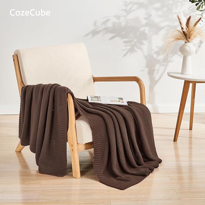 CozeCube Dark Brown Seed Stitch Throw Blanket 50"x60", Farmhouse Decor | Blanket for Couch, Soft Cozy Cable Knit Throw for Bed Sofa Living Room, Lightweight Warm Decorative Christmas Blanket