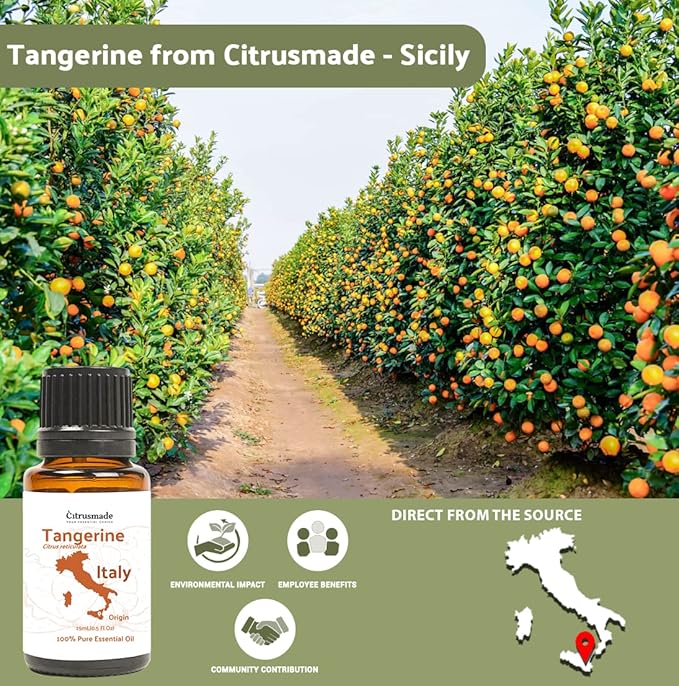Tangerine Essential Oil - Direct from Citrusmade Italy - Cold Pressed - Aceite Esencial de Mandarina for Aromatherapy, Massage, Diffuser, DIY Candle and Soap Making - 8oz