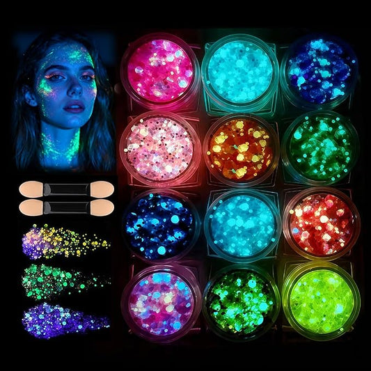12 Colors Glow in The Dark Glitter Gel,Makeup Chunky Fine Glitter for Women, UV Black Light Body/Face/Hair/Eyeshadow for Halloween Makeup Raves Festivals
