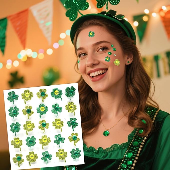 50 Pcs Glitter St. Patrick's Day Face Gems, Green Shamrock Face Jewels with Gold Glitter, Self-Adhesive Face & Body Gems for Festival Party, Irish Theme Makeup Supplies