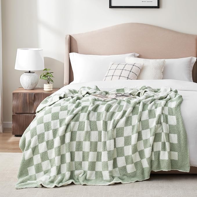 Snuggle Sac Checkered Throw Blanket for Couch, Super Soft, Cozy Warm Knit Blankets, Reversible Plaid Fluffy Throws for Sofa, Bed, Checkered Sage Green, 50x60 Inches