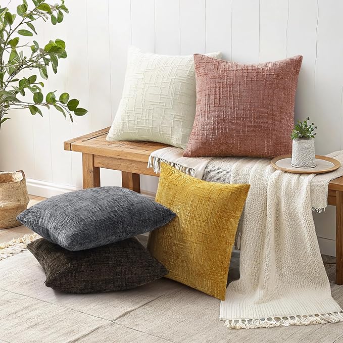 decorUhome Textured Chenille Throw Pillow Covers 26x26 Set of 2 Pink | Fall Modern Farmhouse Soft Cozy Slubby Couch Pillow Cases Boho Decorative Pillow Cases for Bed Sofa Living Room Home Decor