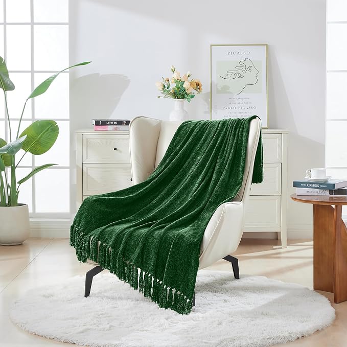 CozeCube Chenille Throw Blanket, Christmas Green Fringe Blanket, 60"X80" | For Couch, Cozy Plush Fuzzy Decorative Blanket with Fringe Tassels, Lightweight Throws for Bed Sofa Gift Home Decor