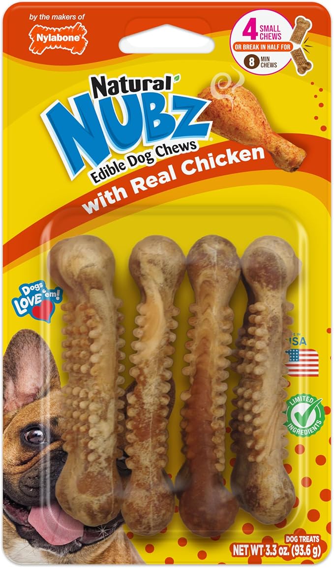 Nylabone Nubz Natural Dog Treats Made with Real Chicken, Small, 4 Count | Long lasting dog chews, made in USA, limited ingredients, highly digestible, dog dental treats for small dogs up to 30 lbs