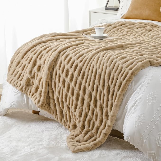 BATTILO Soft Faux Fur Throw Blanket for Couch, Double Side, 60"x80", Beige | Luxury Minky Couture Blanket, Beige Throw Blanket, Premium Silky Cozy Soft Fluffy Faux Fur Blanket For Bed, Sofa Living Room