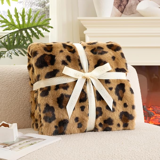 Cozy Bliss Cheetah Leopard Print Faux Fur Throw Blanket for Couch, Fuzzy Soft Plush Thick Bubble Blanket for Sofa Bedroom Living Room, 60x80 Inches Brown