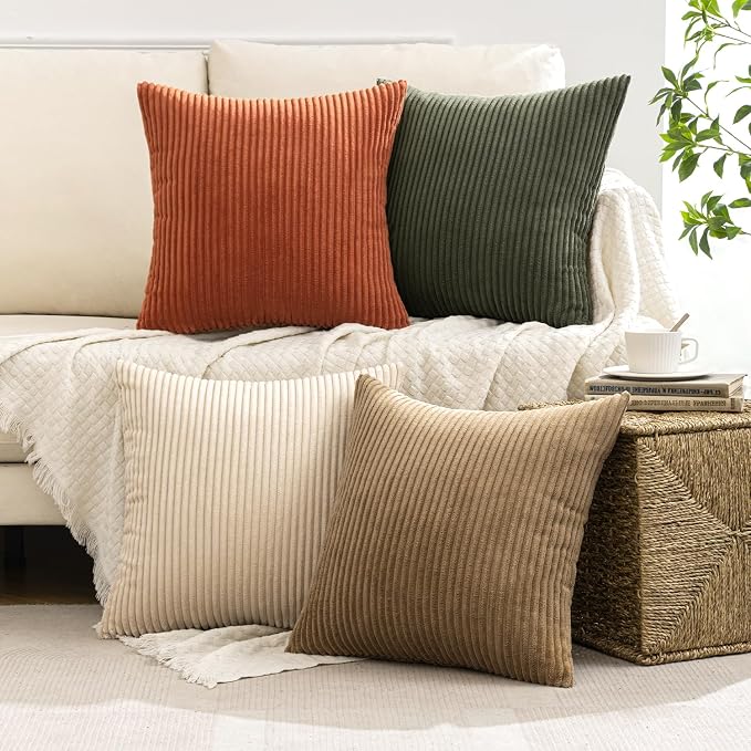 MIULEE Fall Corduroy Decorative Throw Pillow Covers Rust-Olive Green 20x20 | Set of 4, Vintage Fall Decor, Rustic Brown Green Collection, Boho Farmhouse Cushion Covers for Couch Bed Sofa Living Room