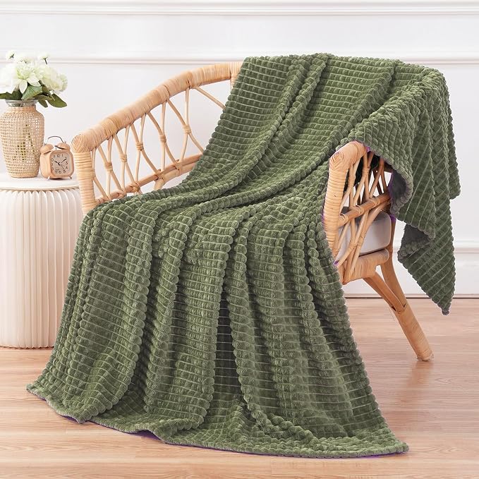 Puncuntex Fleece Throw Blanket Olive Green 108"×90" with Square Grid Design | Super Soft Plush Cozy Flannel Throw Blanket Luxury for Couch Sofa Chair