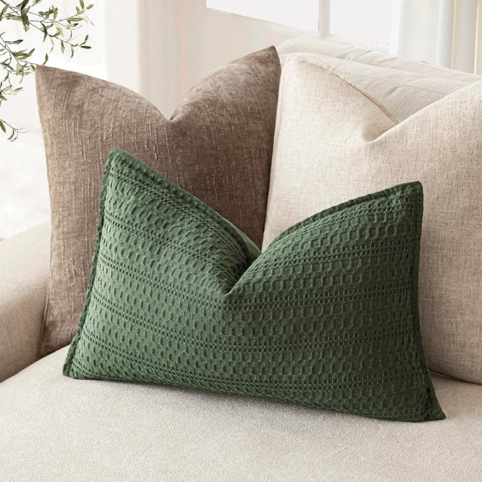 Foindtower Set of 2 Decorative Cotton Waffle Weave Lumbar Throw Pillow Covers Euro Shams Cushion Covers Accent European Pillowcase for Bed Couch Bedroom Living Room Home Decor 12×20 Inch Dark Green