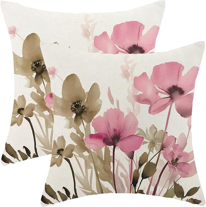 Spring Floral Pillow Covers 18x18 Inches Set of 2 Brown Pink Floral Throw Pillow Covers,Outdoor Rustic Summer Flower Decor Pillowcase Farmhouse Decorative Cushion Cover for Home Couch