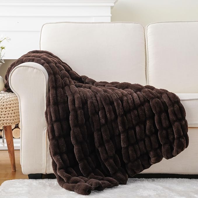 BATTILO Dark Brown Faux Fur Throw Blanket for Couch, 50"x60", Double Side