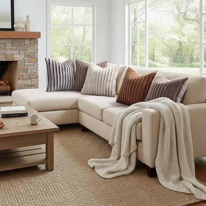 decorUhome Fall Faux Fur Throw Pillow Covers 20x20 Set of 2 Brown | Decorative Soft Cozy Striped Plush Modern Farmhouse Boho Couch Pillow Cases Velvet Back for Sofa Bed Living Room Home Decor