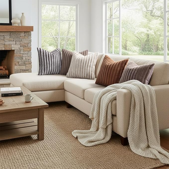 decorUhome Fall Faux Fur Throw Pillow Covers 22x22 Set of 2 Beige White | Decorative Soft Cozy Striped Plush Modern Farmhouse Boho Couch Pillow Cases Velvet Back for Sofa Bed Living Room Home Decor