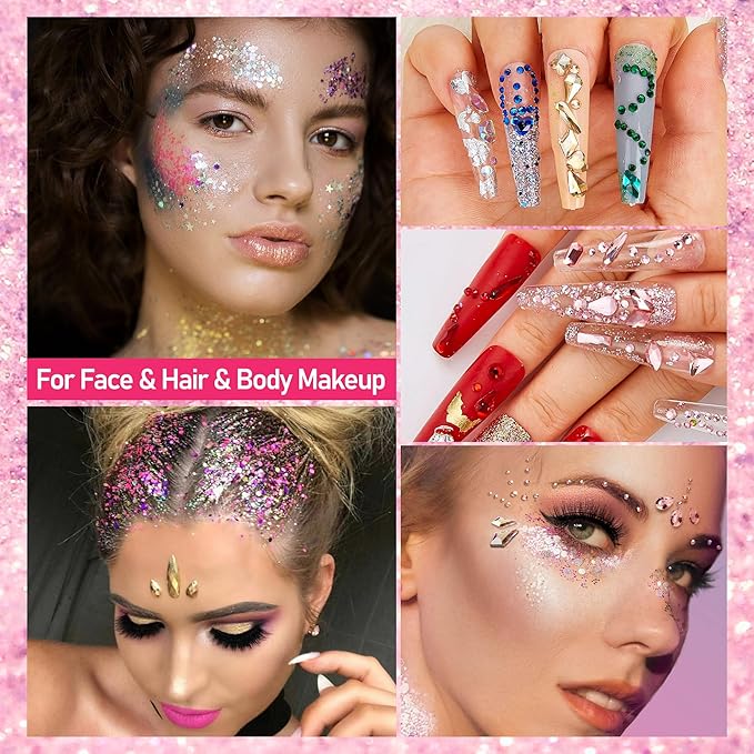 Chunky Body Glitter & Face Gems Set – Multi-Color Holographic Glitter, Flatback Pearls, Glue, Wax Pencil & Brush for DIY Festival Makeup, Halloween, Parties, Raves, Stage & Hair Decoration