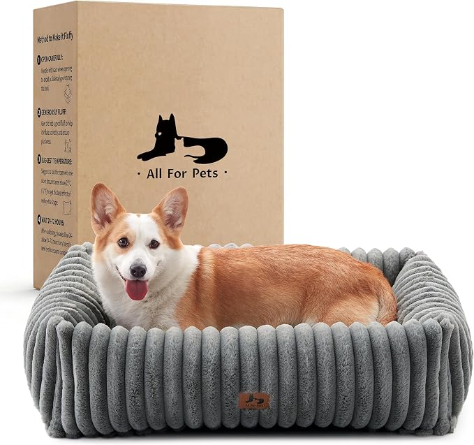 Dog Bed Medium Size Dog, Rectangle Orthopedic Pet Bed for Car and Indoor, Comfort Fluffy Memory Foam Dog Beds with Anti-Slip Bottom,Grey(30x24x8 inches)