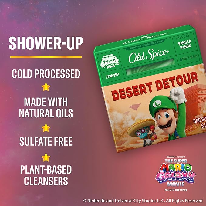 Old Spice Bar Soap for Men, x The Super Mario Galaxy Movie, Cold Pressed with Grit, Made with Natural Oils & Plant Based Cleanser, Vanilla Sands with Warm Vanilla & Cream Scent, 5.0 oz